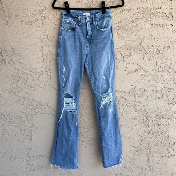 Good American Blue Light Wash Distressed Flare Denim Jeans Women's Size 4 - Picture 5 of 10